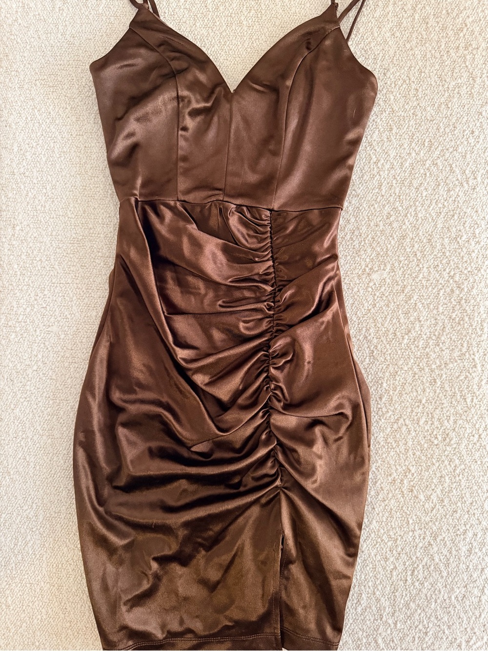 Honey and Rosie Chocolate Brown Satin Ruched Mini Dress
